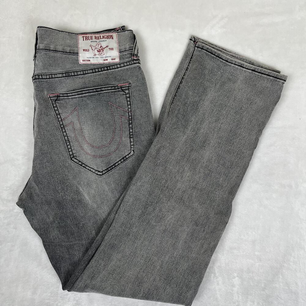 True Religion Jeans Mens 34x34 Gray Pink Stitching Ricky Relaxed Straight Denim